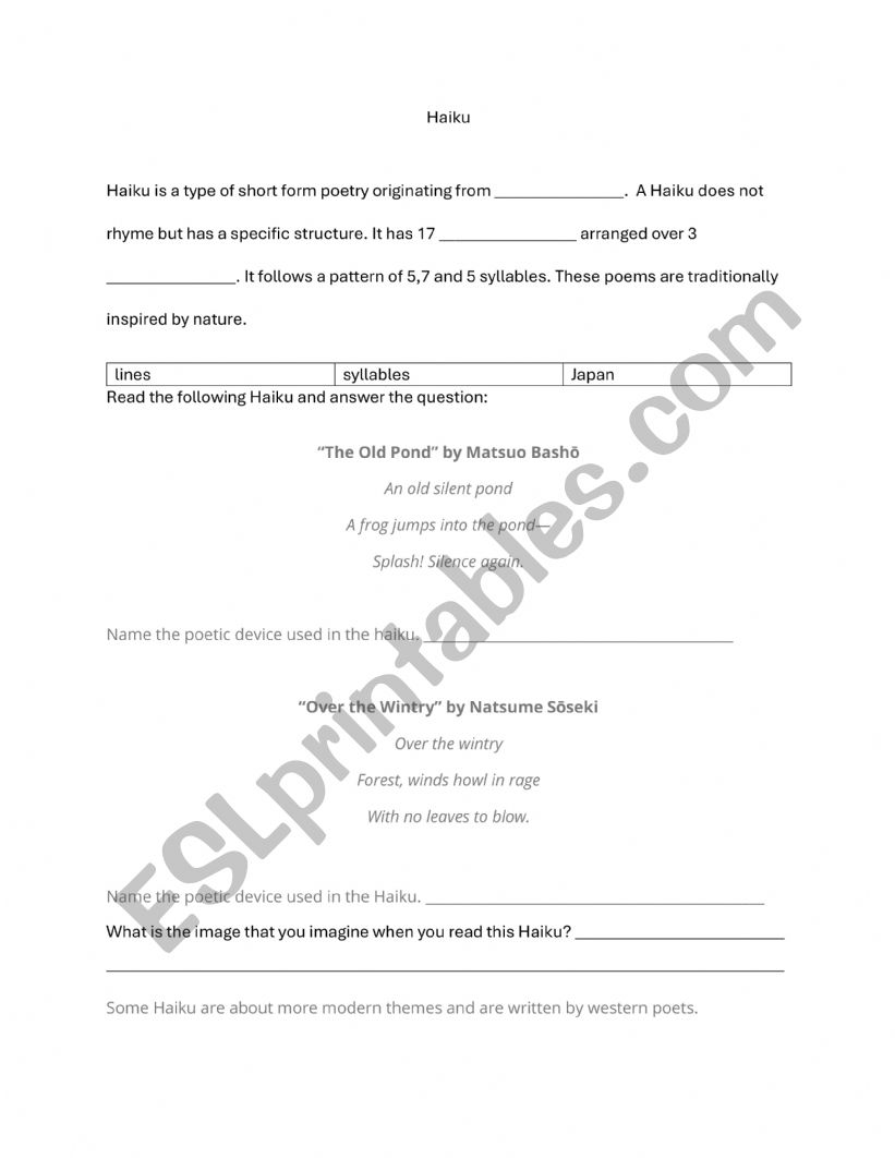 Haiku worksheet