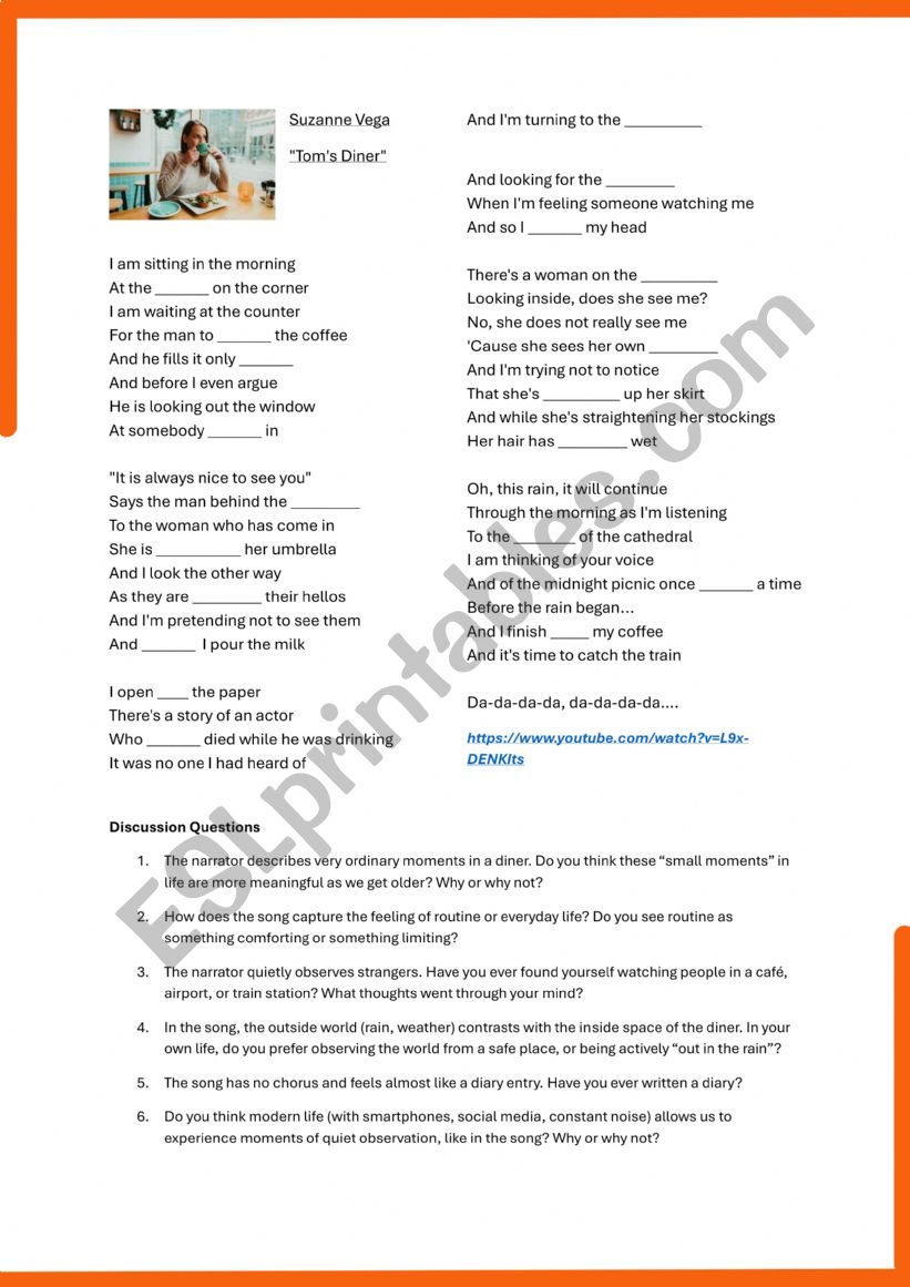 Suzanne Vega - Tom�s Diner worksheet