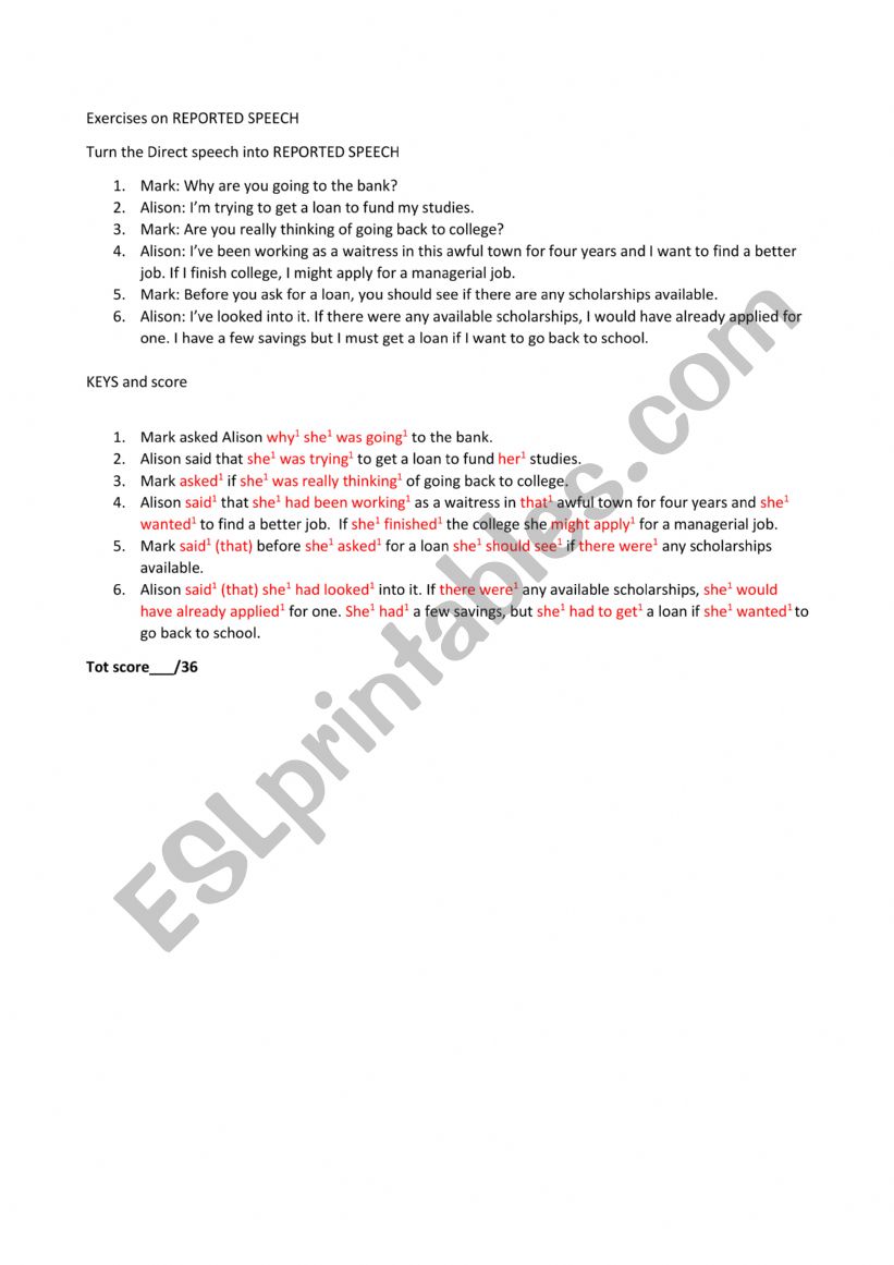 Exercises on Reported Speech worksheet