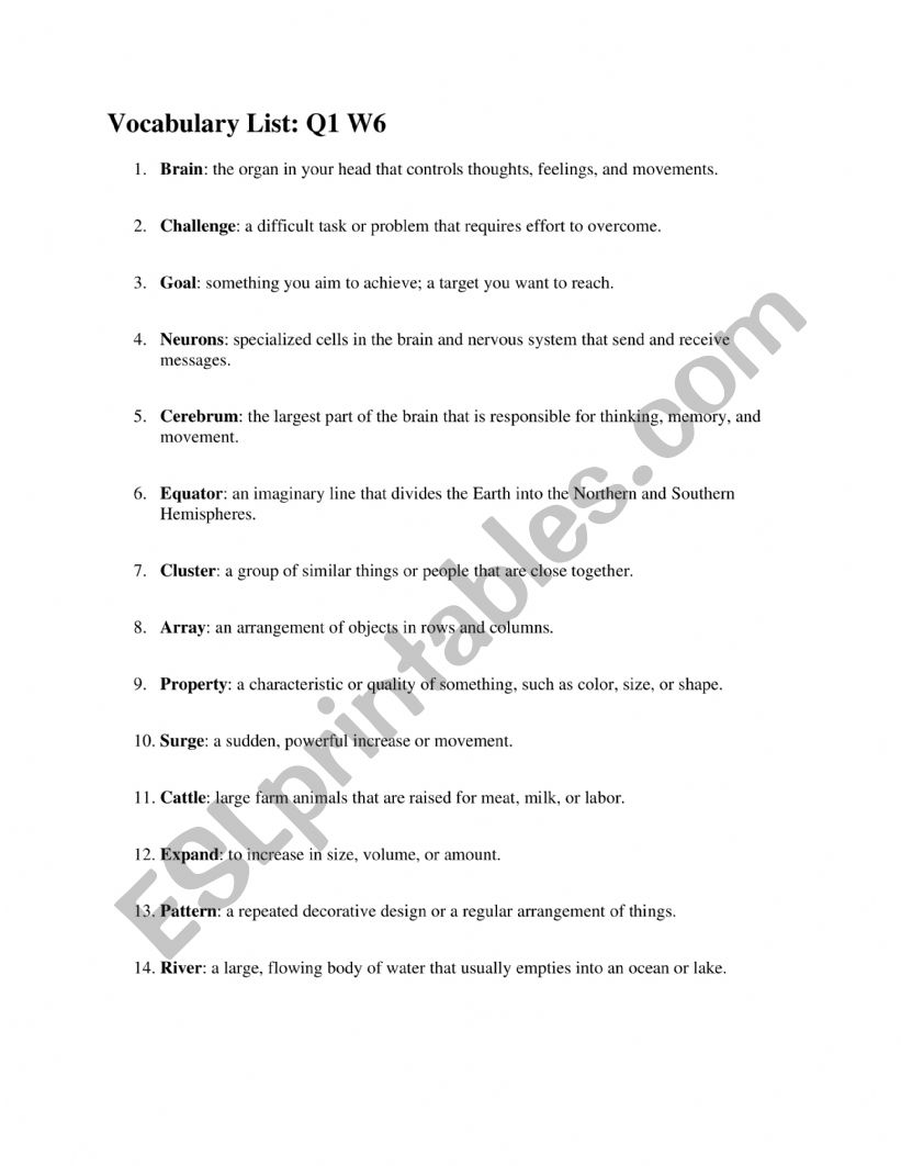 Vocabulary List worksheet