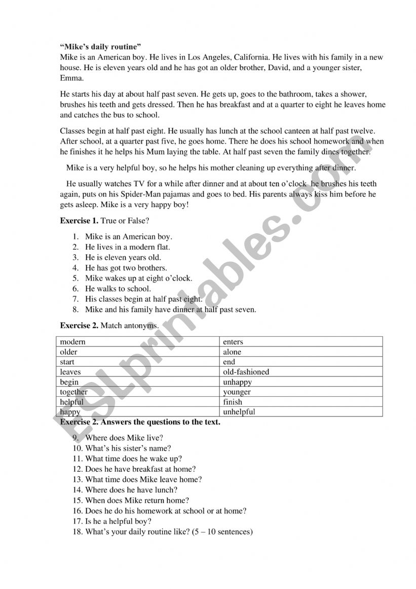 Mike�s daily routine worksheet