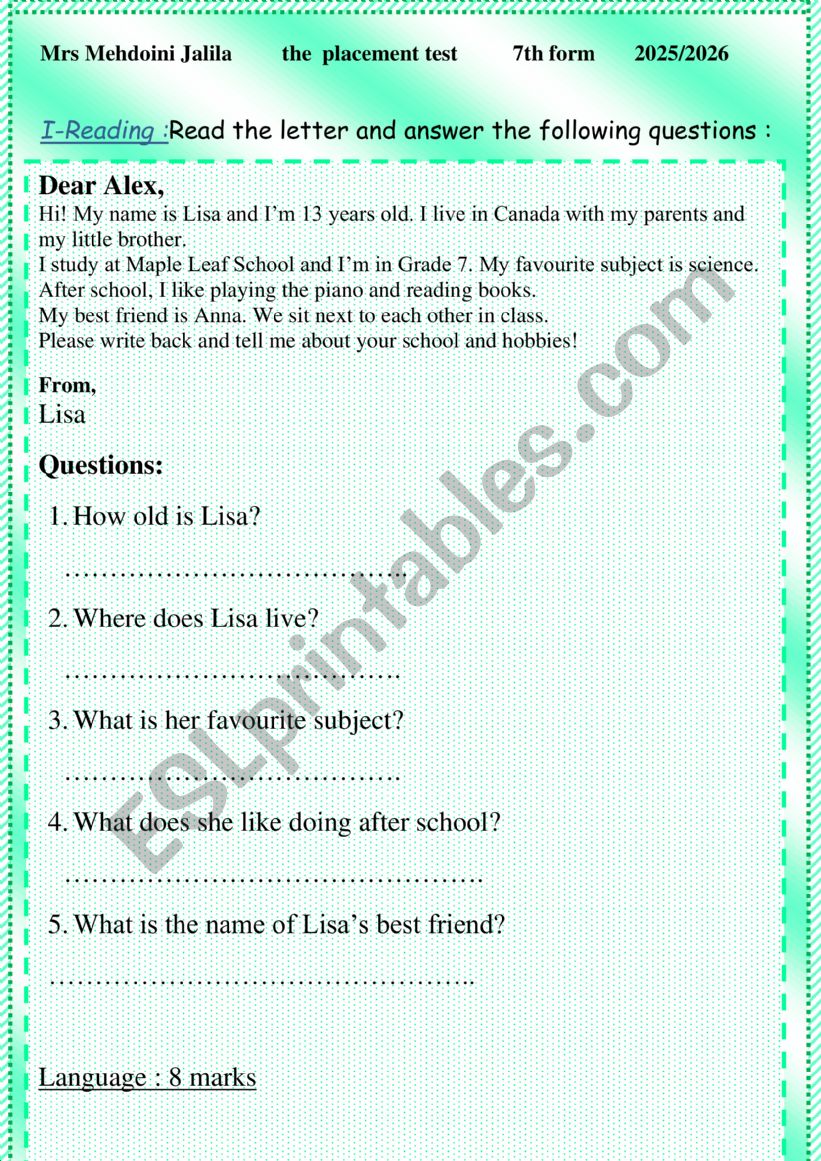 placement test worksheet