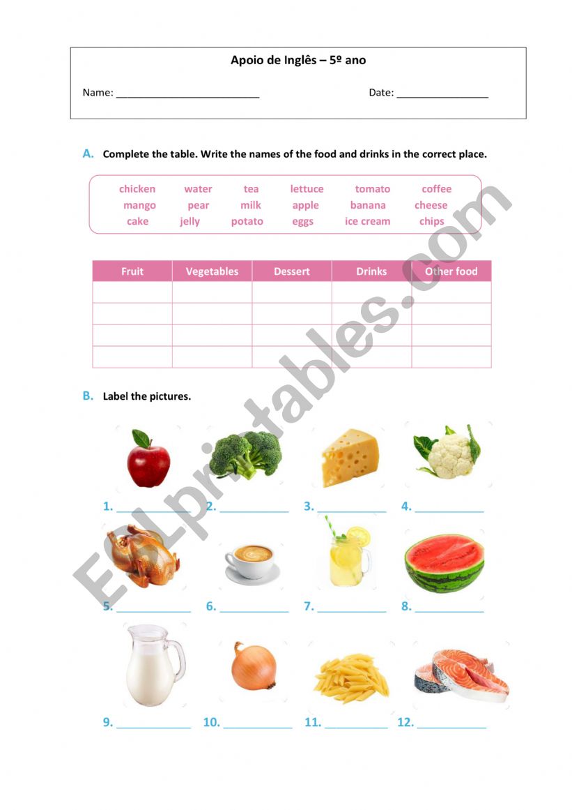 Food and drinks worksheet