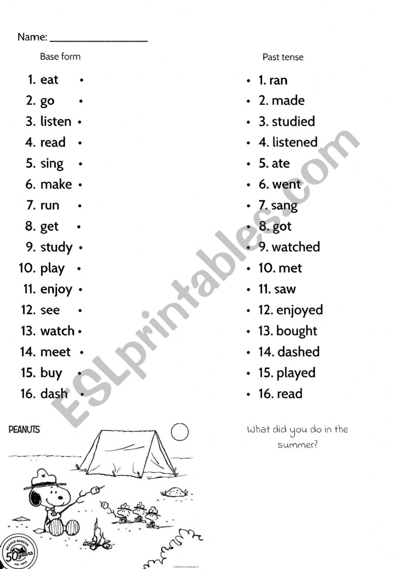 Verbs - Matching Base form and Past tense