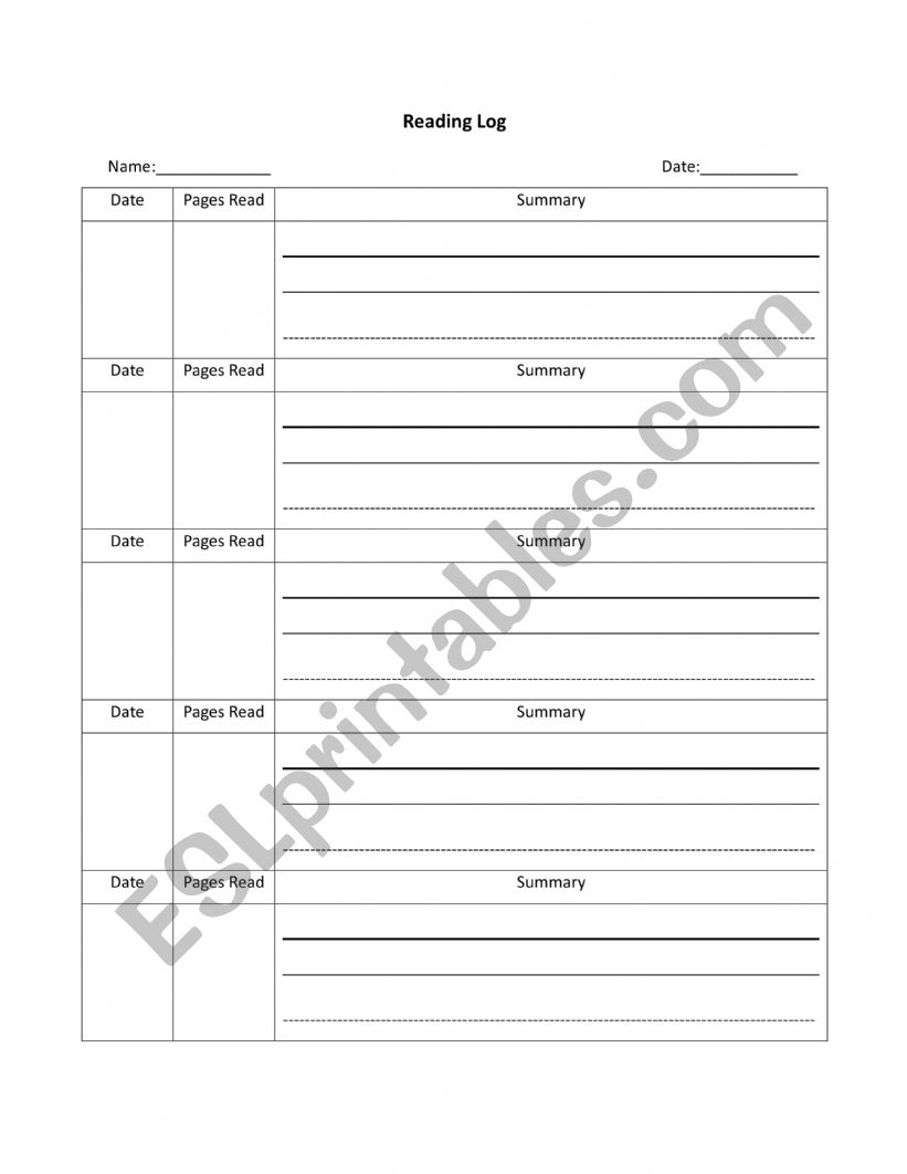 Reading Log worksheet