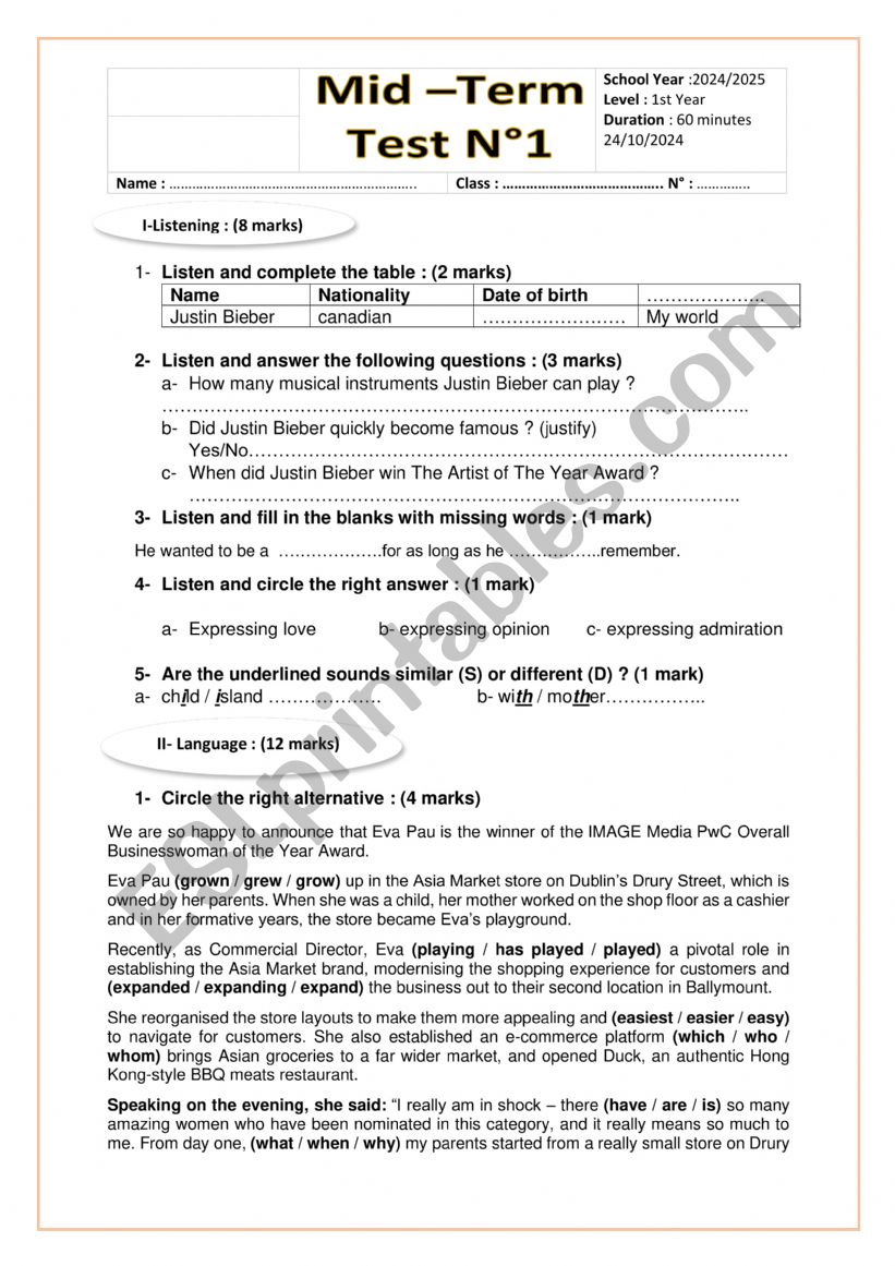 mid term test n1 for first formers