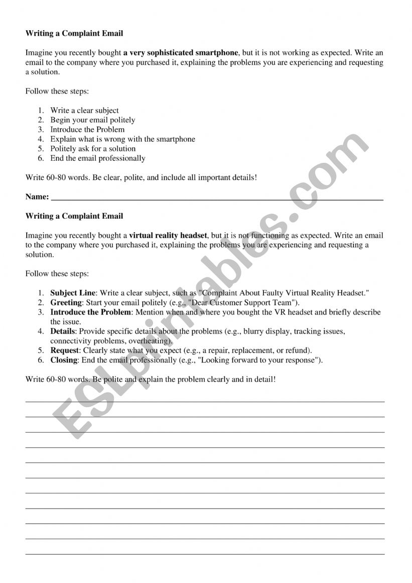 Complaint e-mail worksheet