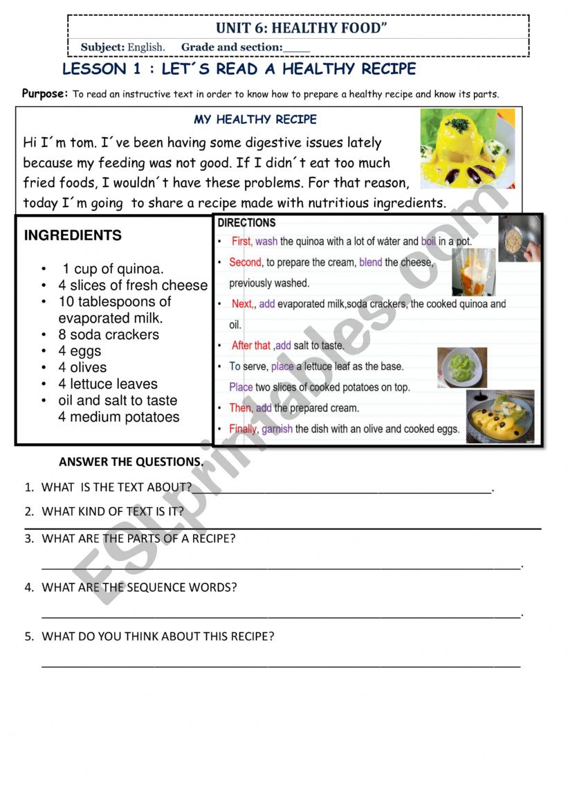 healthy recipe worksheet