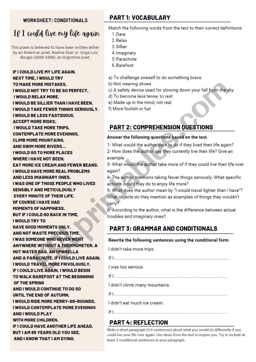 If I could live my life again worksheet