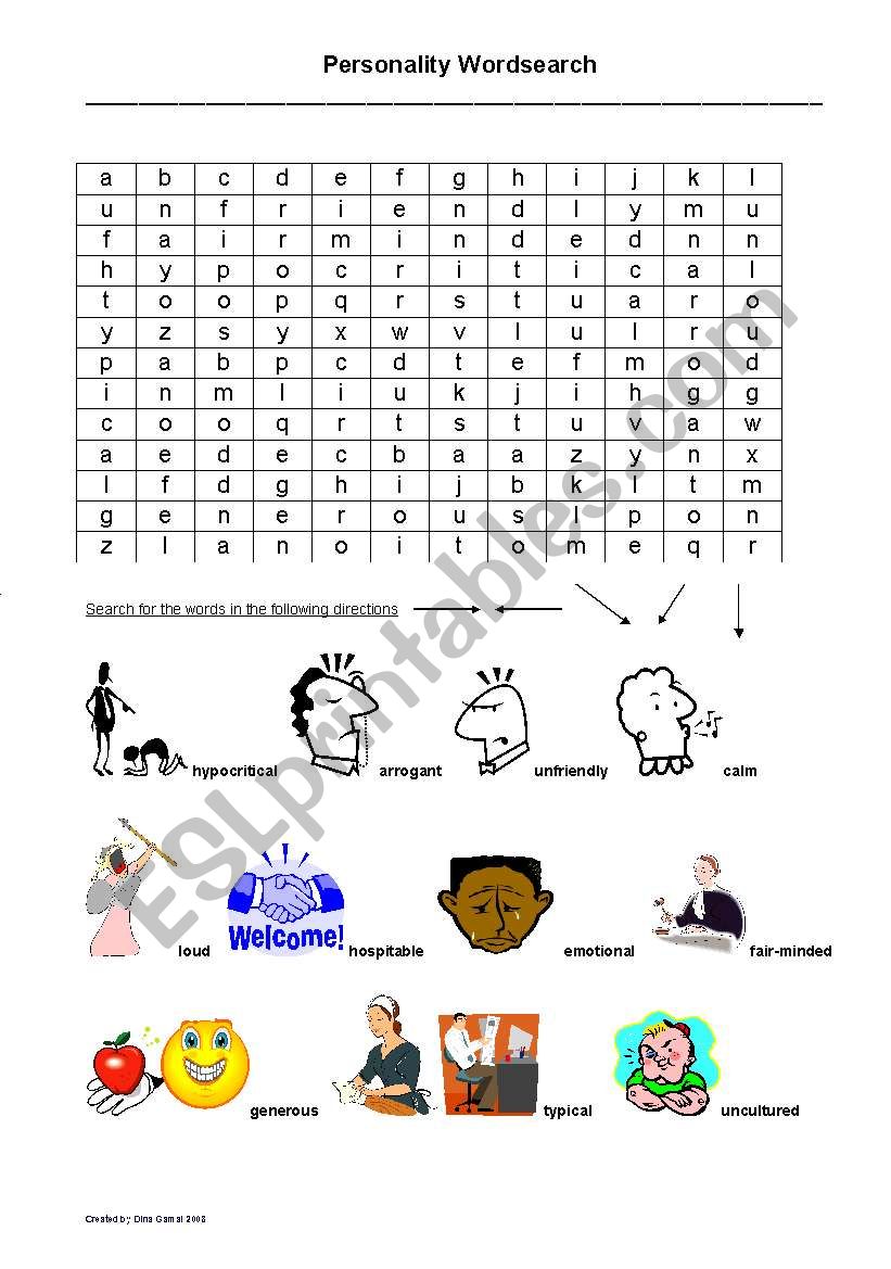 Personality word search worksheet