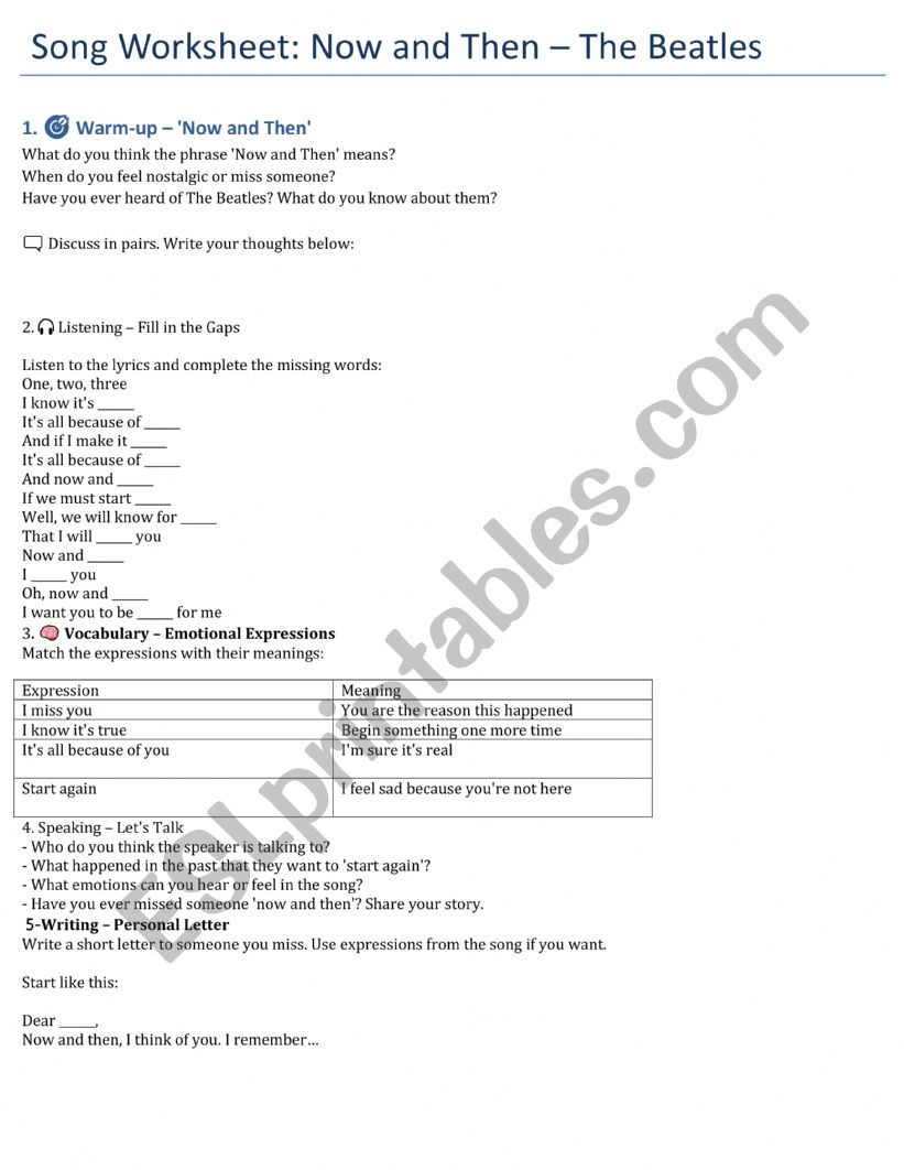 Now and Then The Beatles worksheet