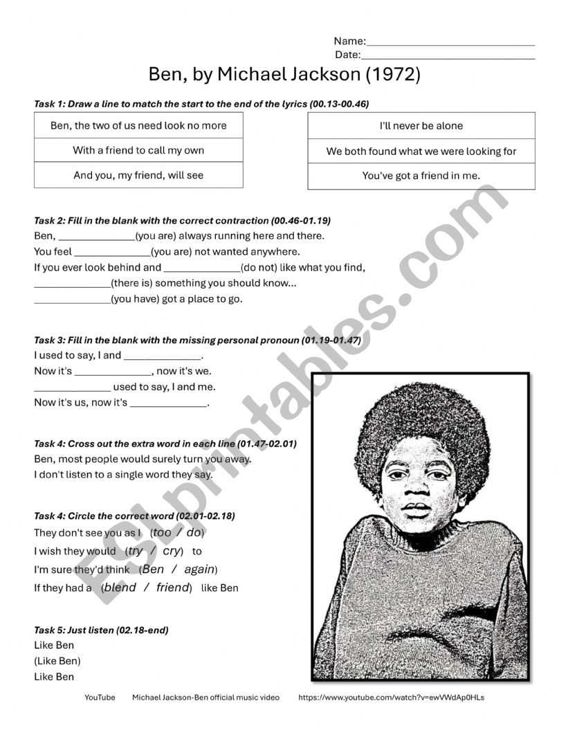 song, Ben, by Michael Jackson worksheet