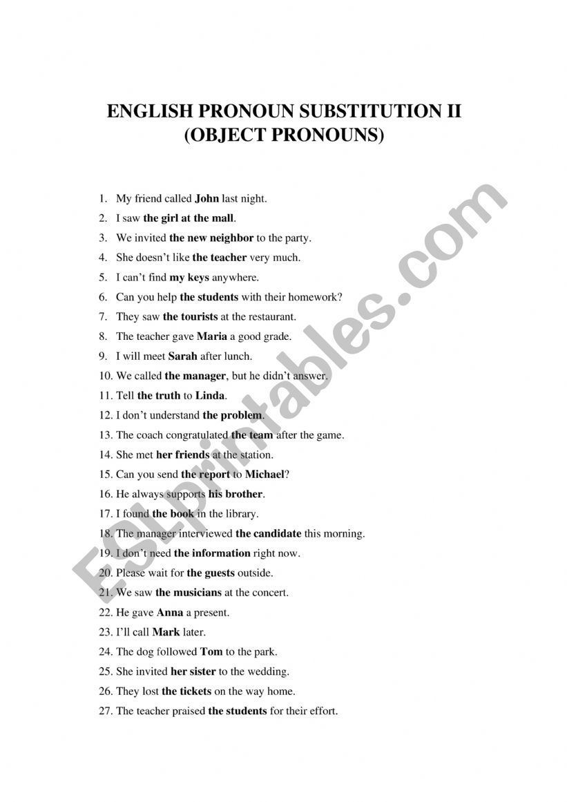 OBJECT PRONOUNS SUBSTITUTION worksheet