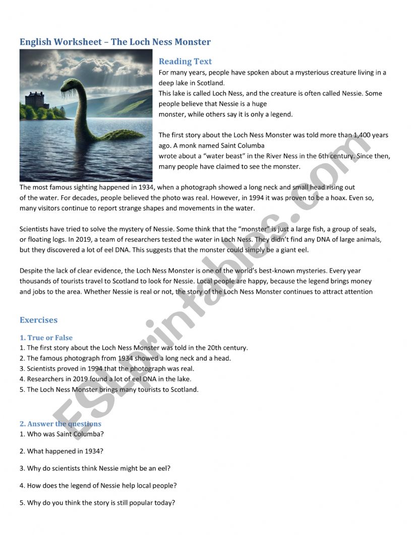 Loch Ness Monster worksheet