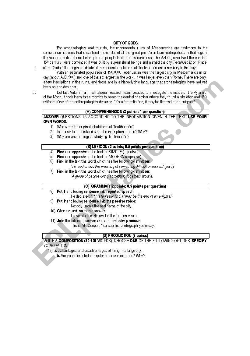 The City of God worksheet