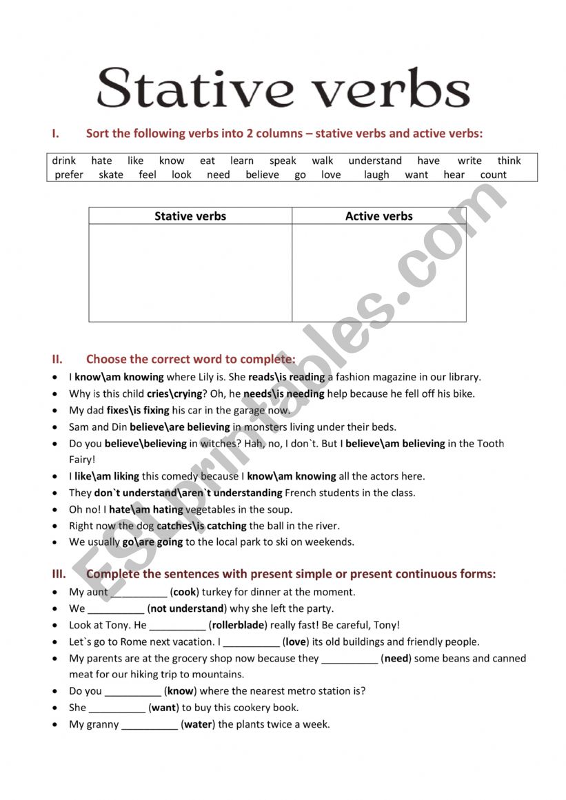 Stative verbs worksheet