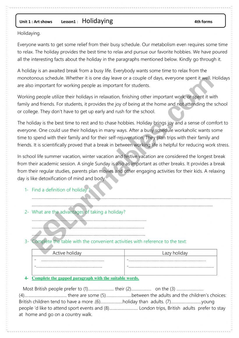 Uni1 1 lesson 1 Holidaying worksheet