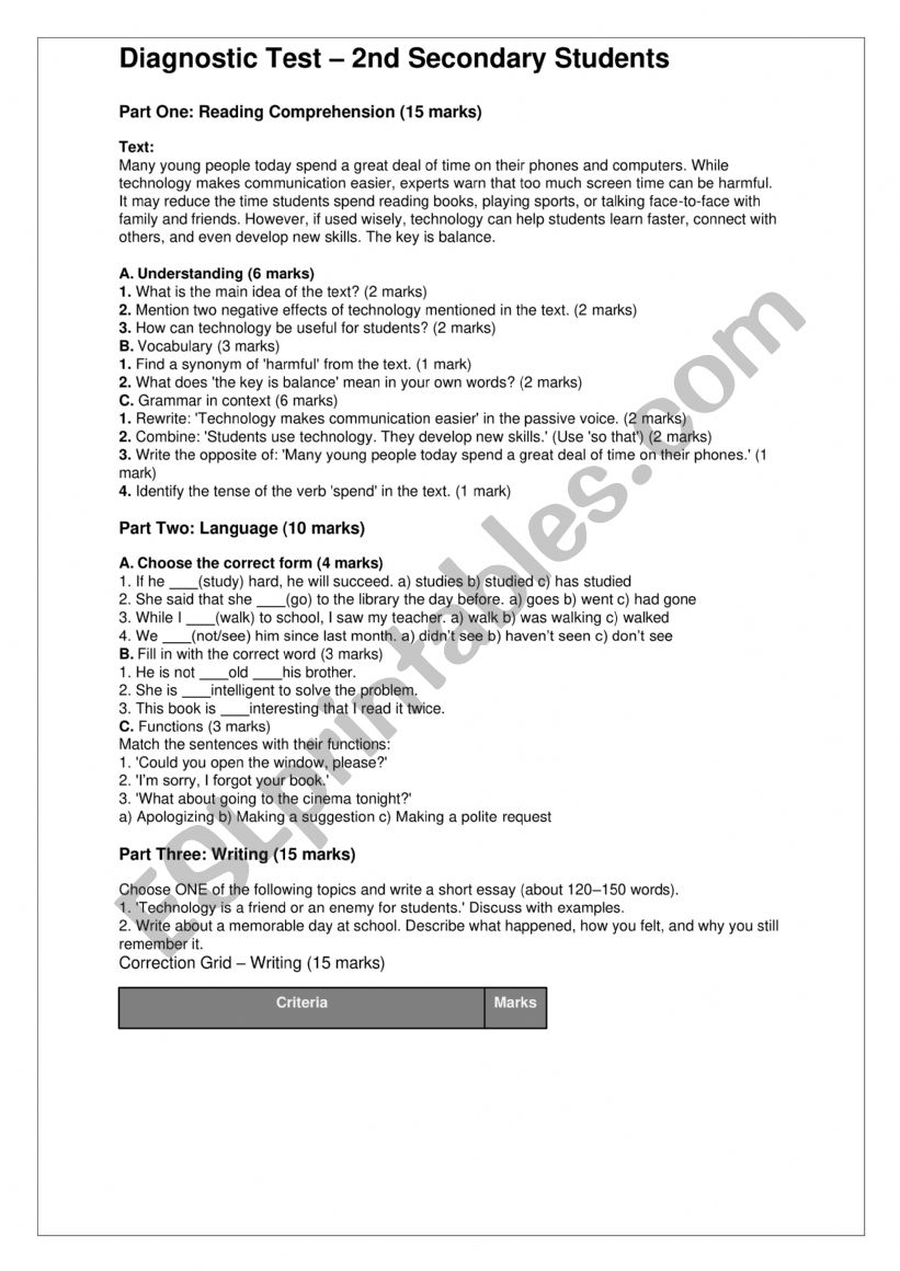 Diagnostic Test worksheet