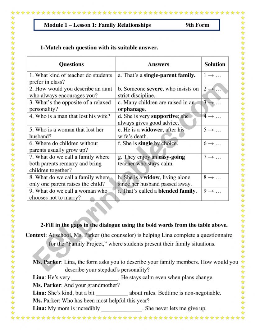 Family relationships worksheet