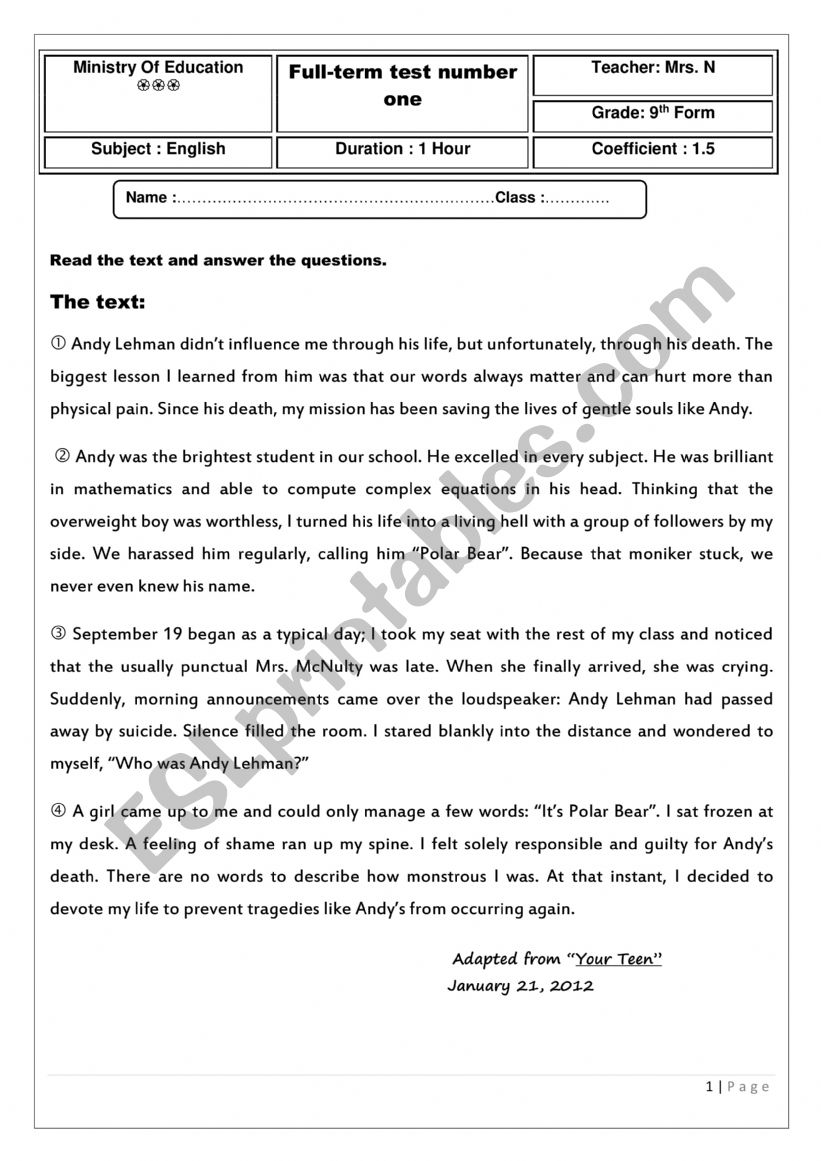 Seventh grade test worksheet