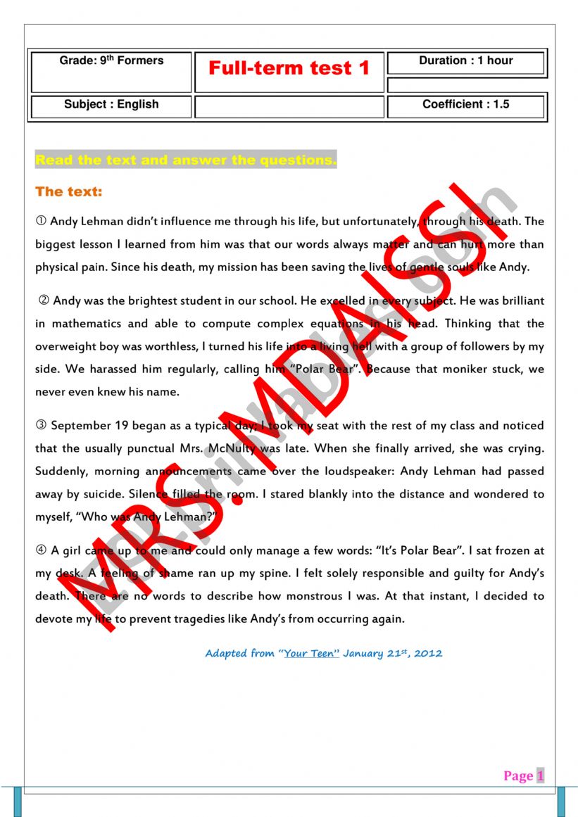 A test for 9th graders worksheet