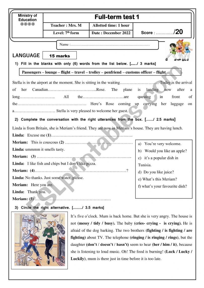 7th form test worksheet
