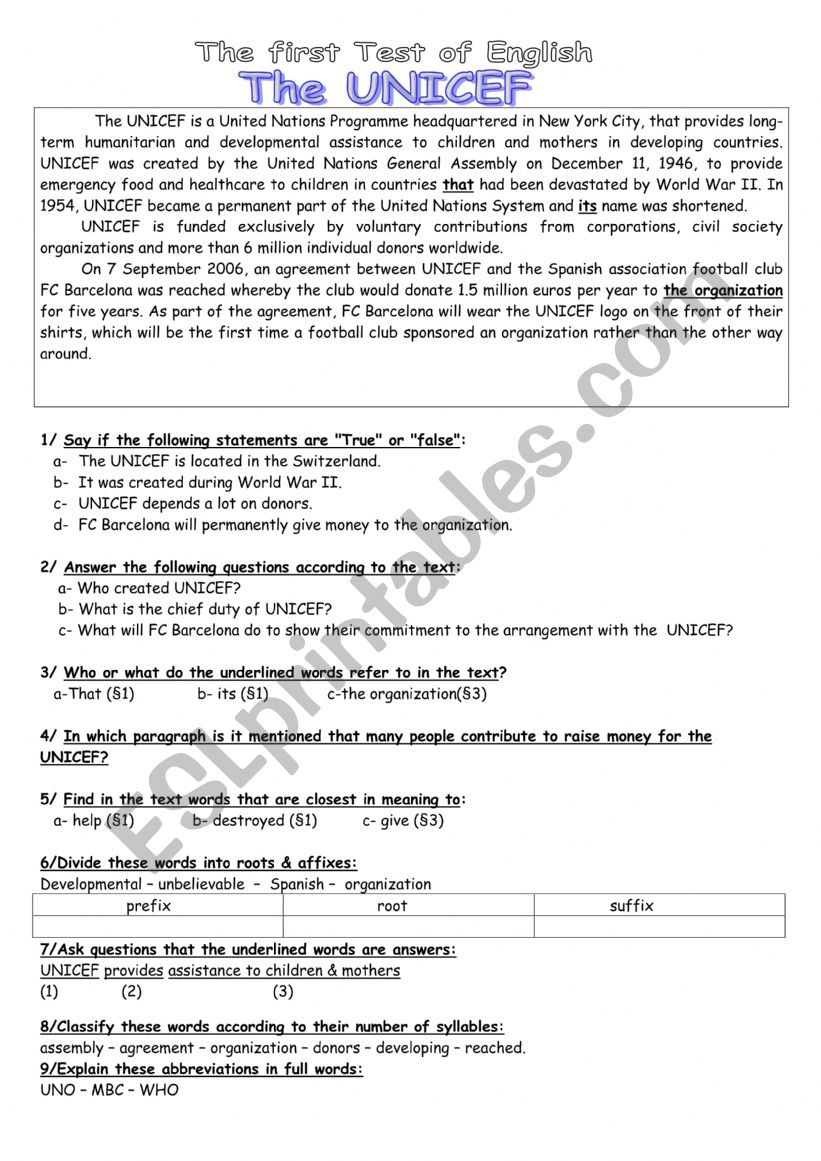 unicef worksheet
