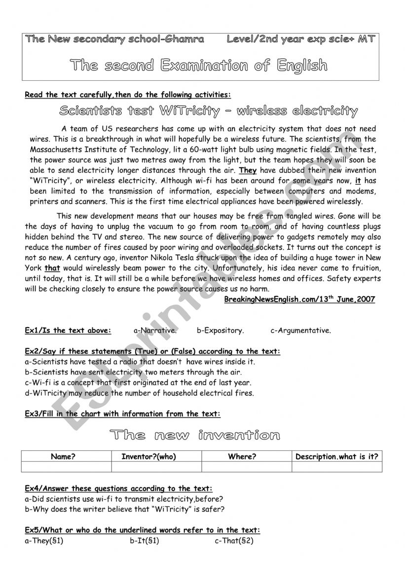 witricity worksheet