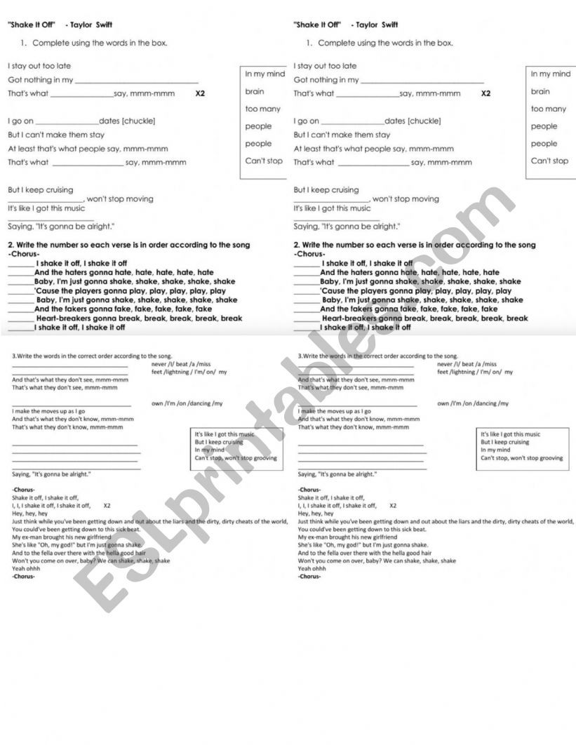 Shake it off worksheet