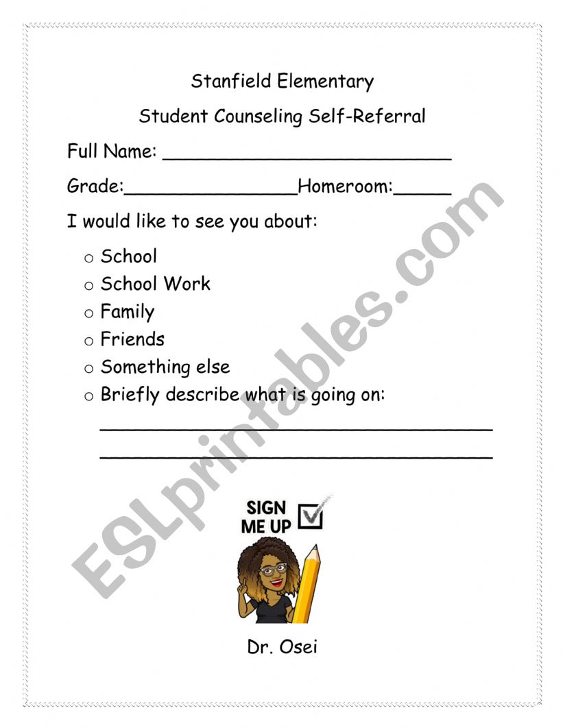 Self Referral for Counseling worksheet