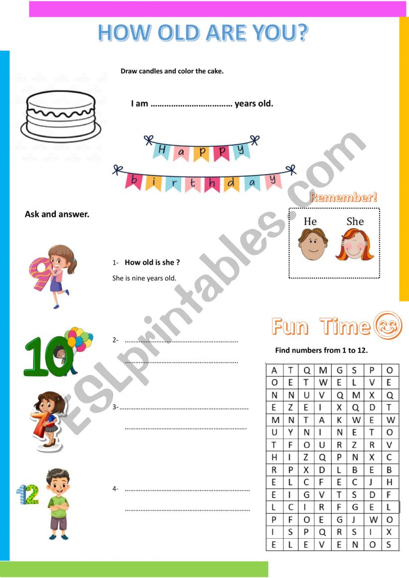 age - numbers 1- 12 worksheet
