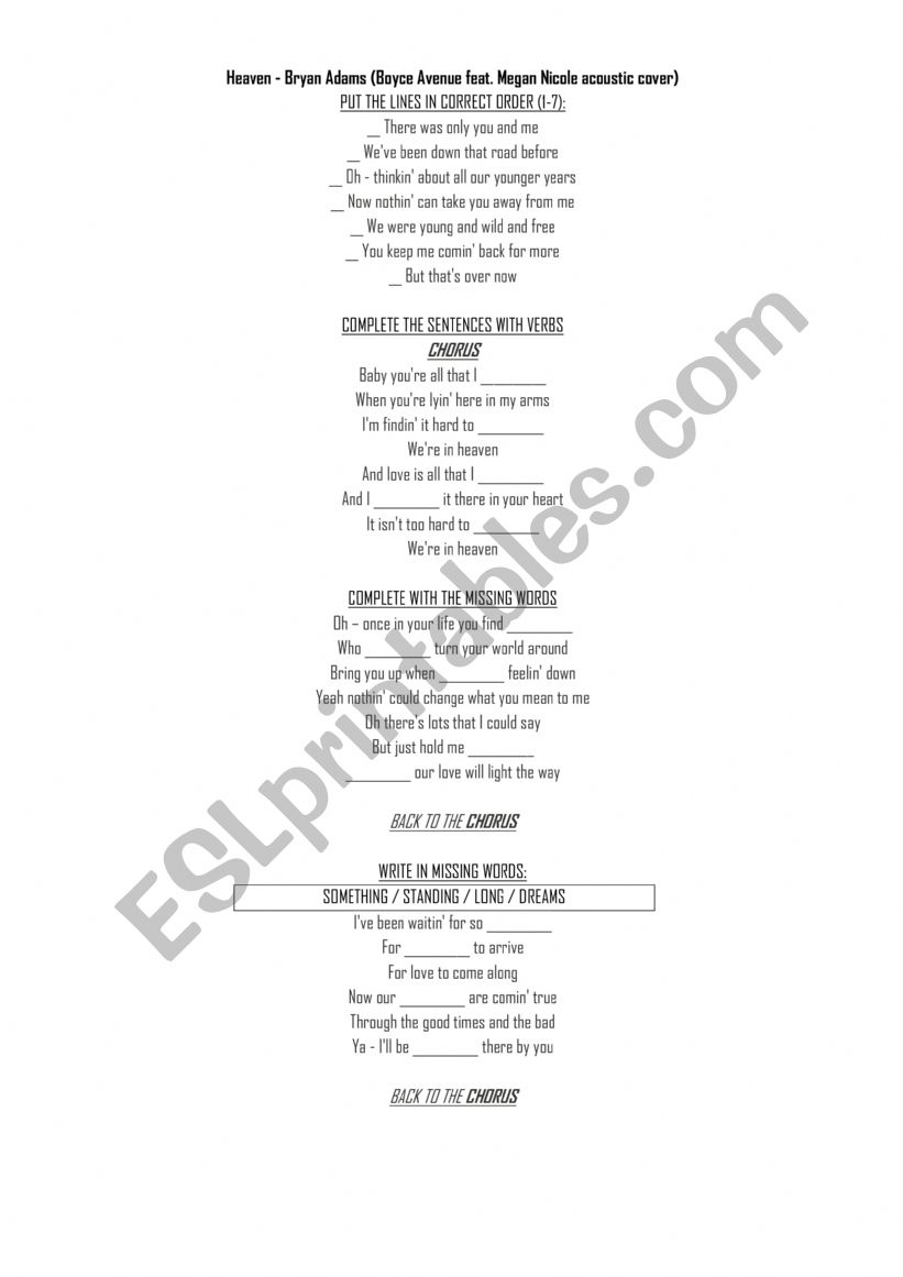 Heaven - Bryan Adams worksheet