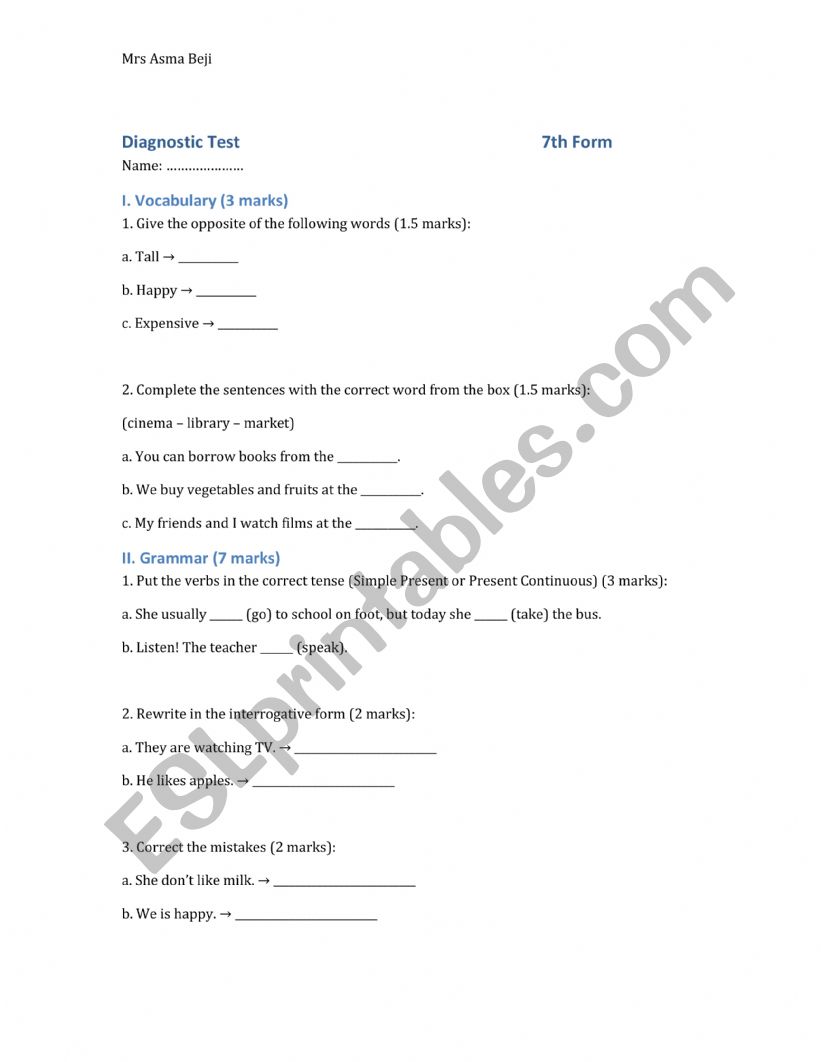 diagnostic test  worksheet