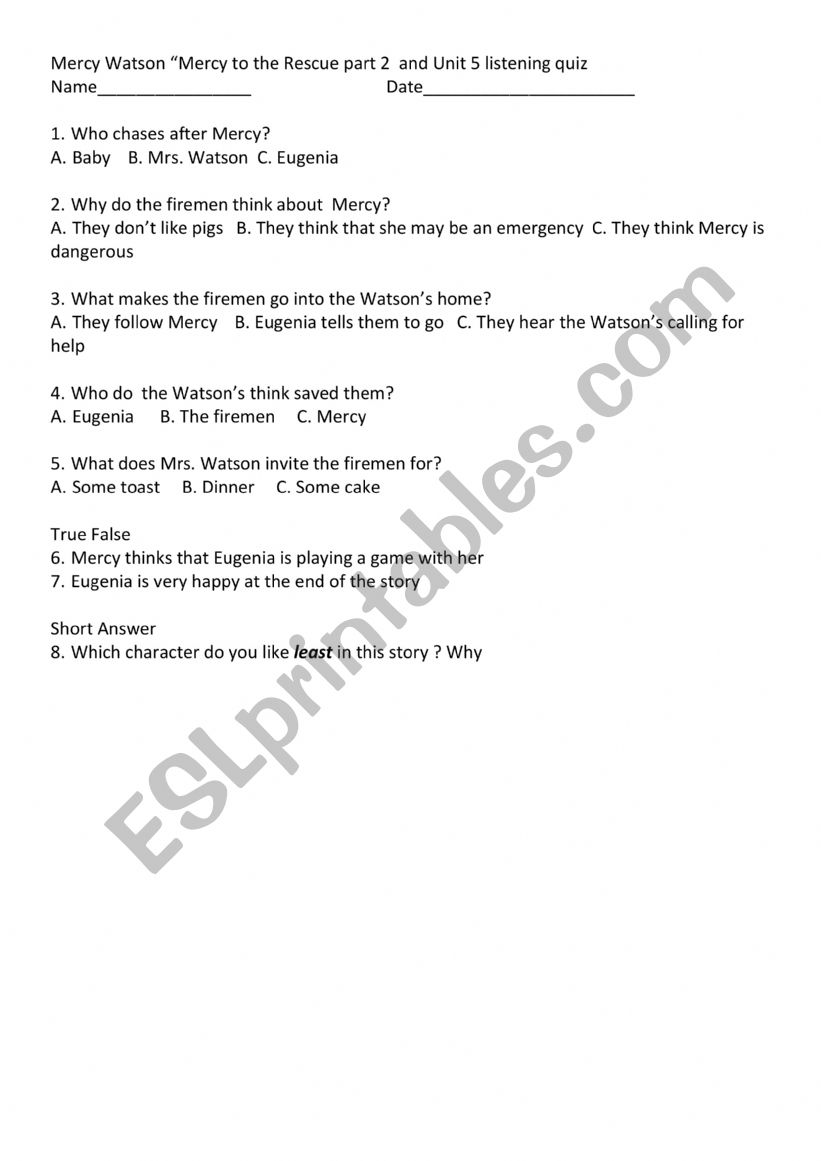 Mercy Watson To the Rescue Part 1 quiz