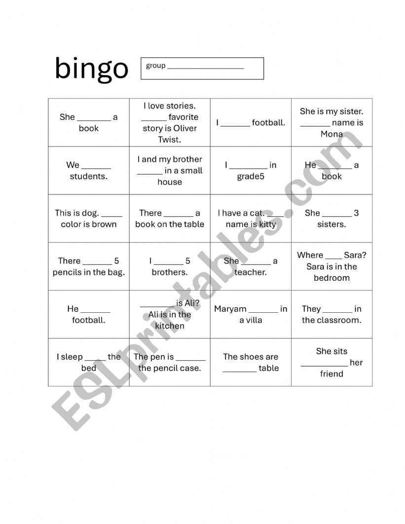 bingo game  worksheet