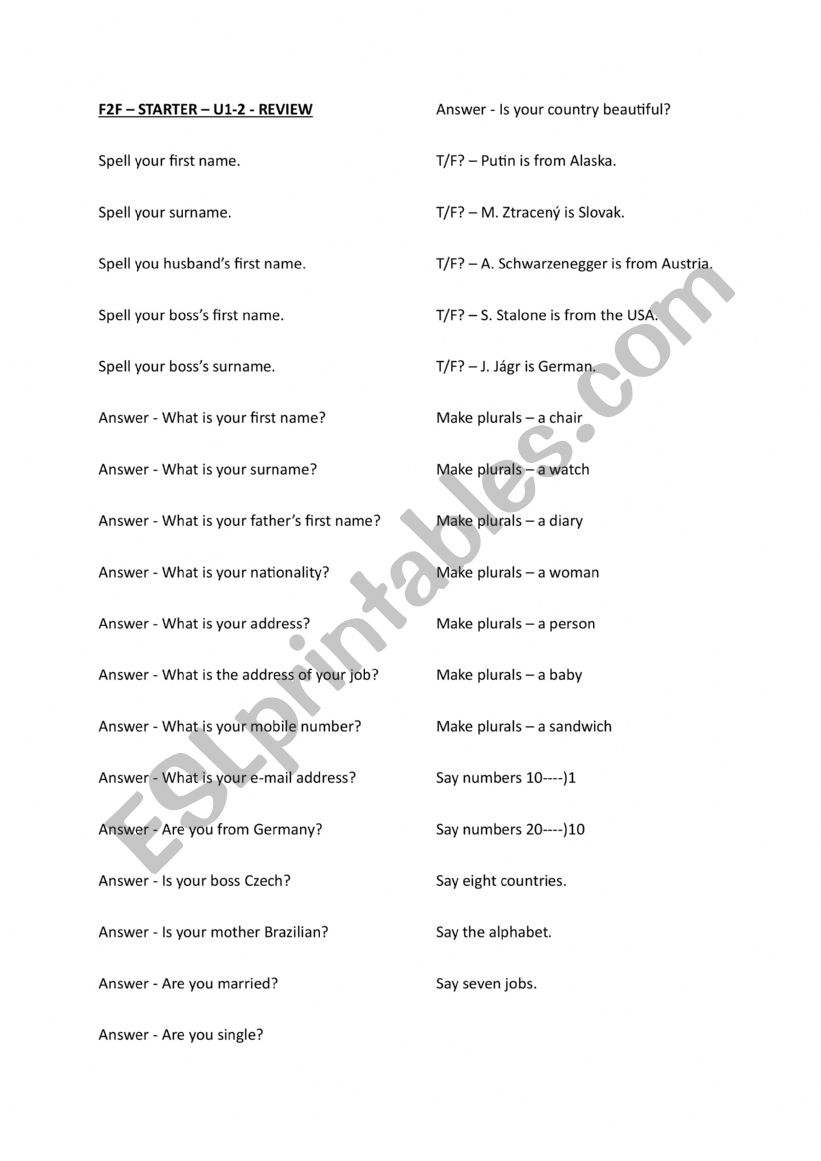 Basic knowledge quiz (A0-1) based on F2F STARTER - UNITS 1-2