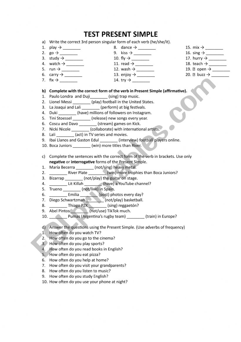 Present Simple Test worksheet