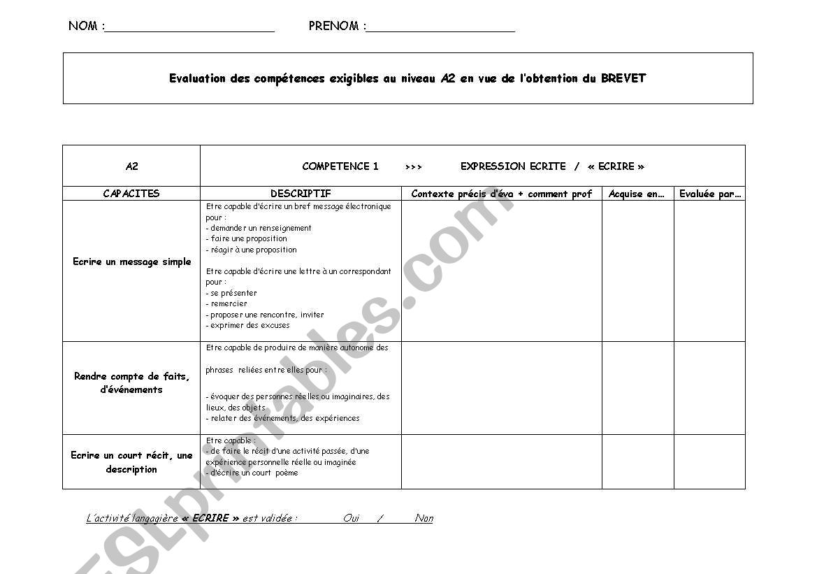 fiche eval validation A2 3 worksheet