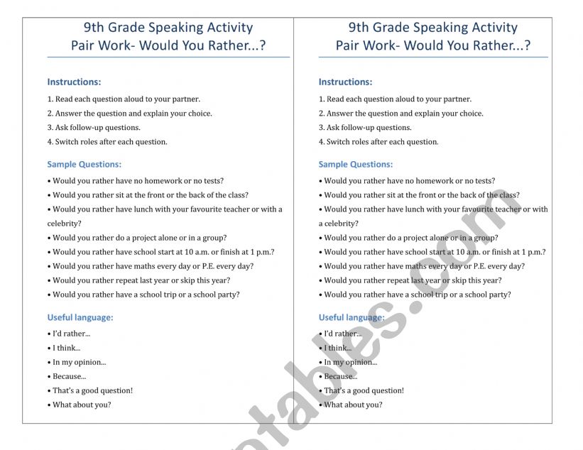 9th Grade - Would you rather ...? - School Edition