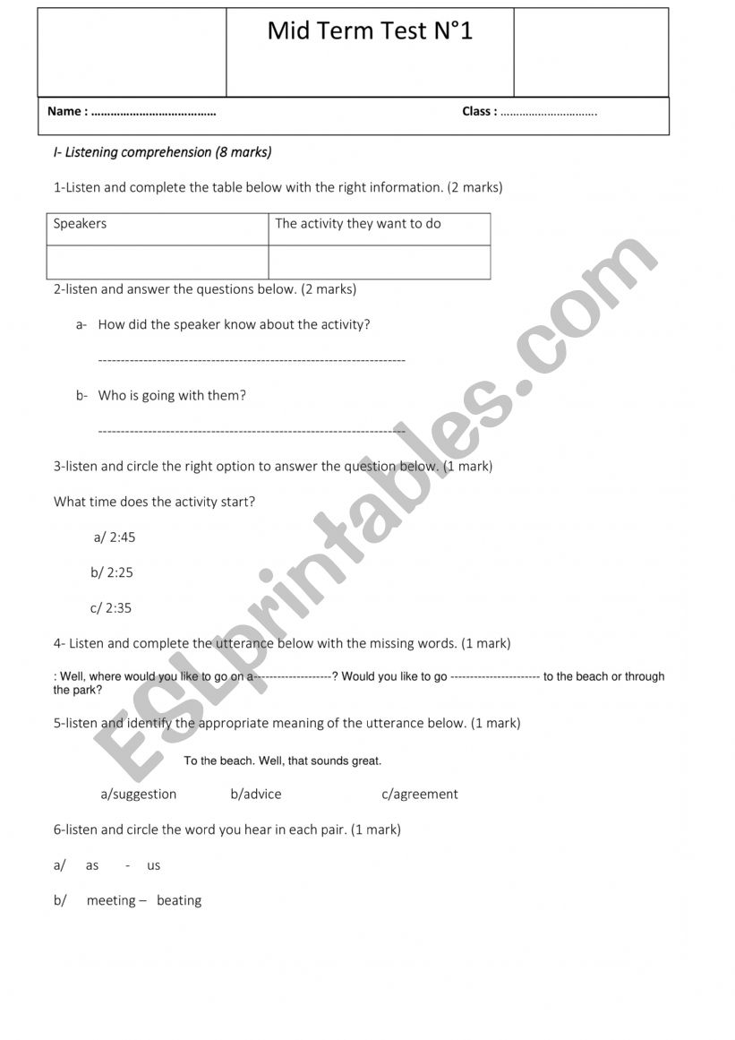 first mid term test  worksheet