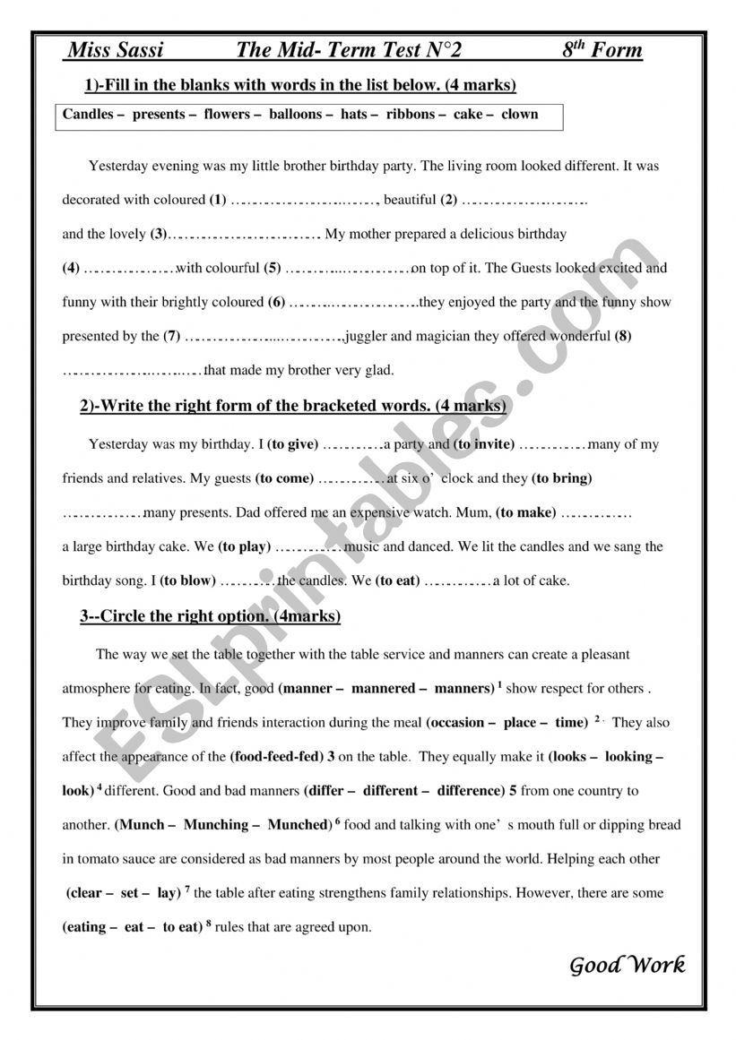 Mid term test 2 8th  worksheet
