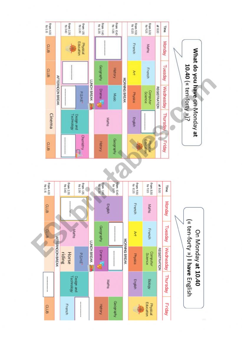 timetable pairwork - fill in the missing information