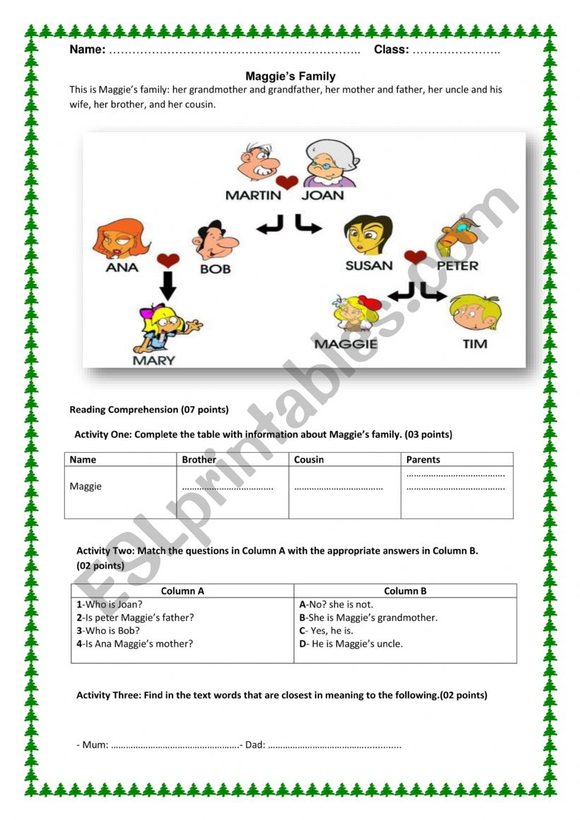 family exam worksheet