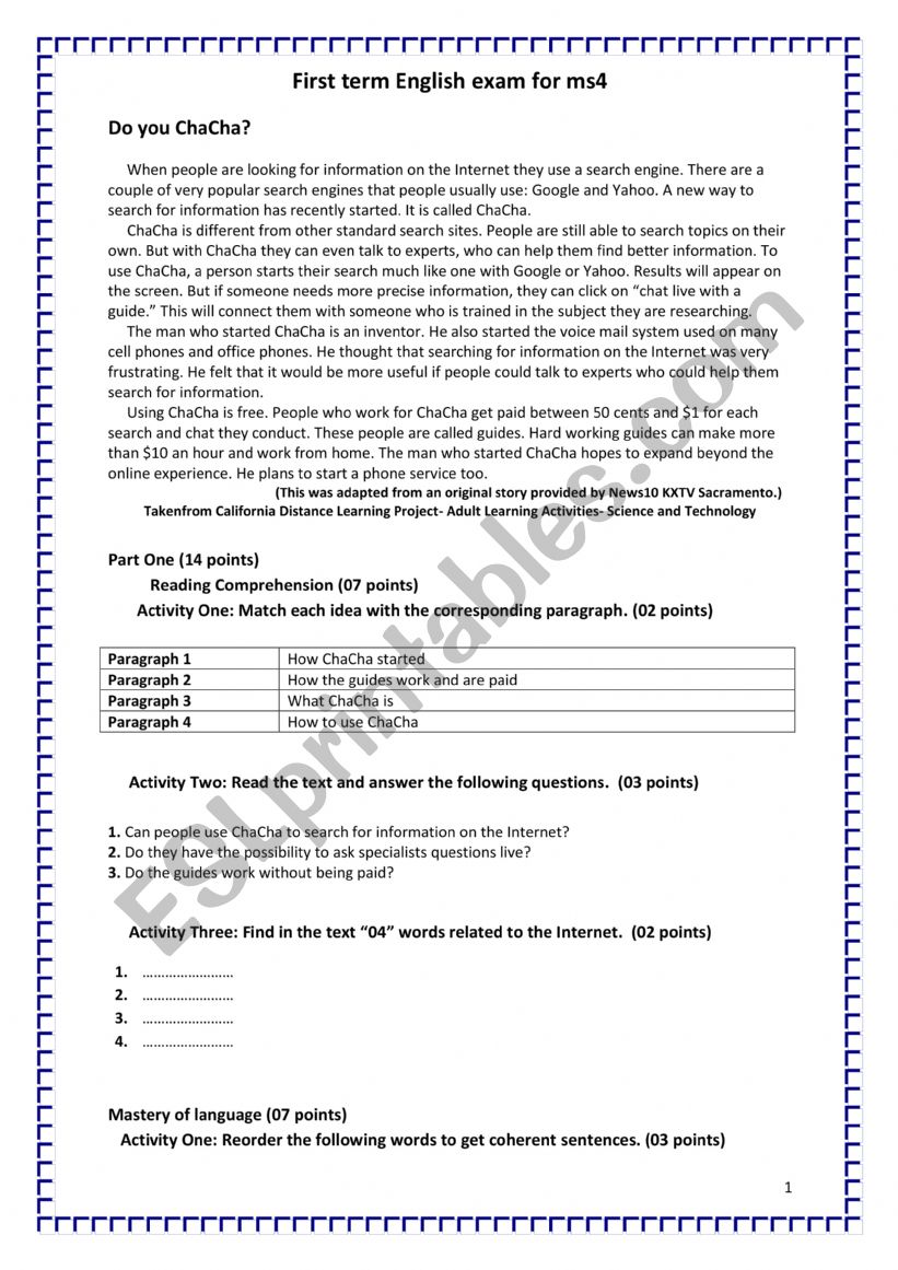 test worksheet