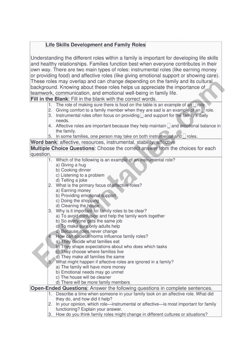 life skills worksheet