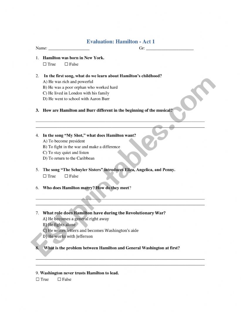 Hamilton Act 1 worksheet worksheet