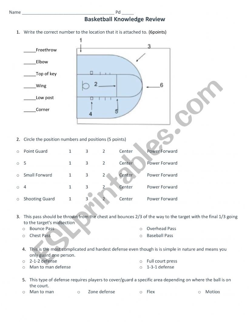 Basketball Knowledge worksheet