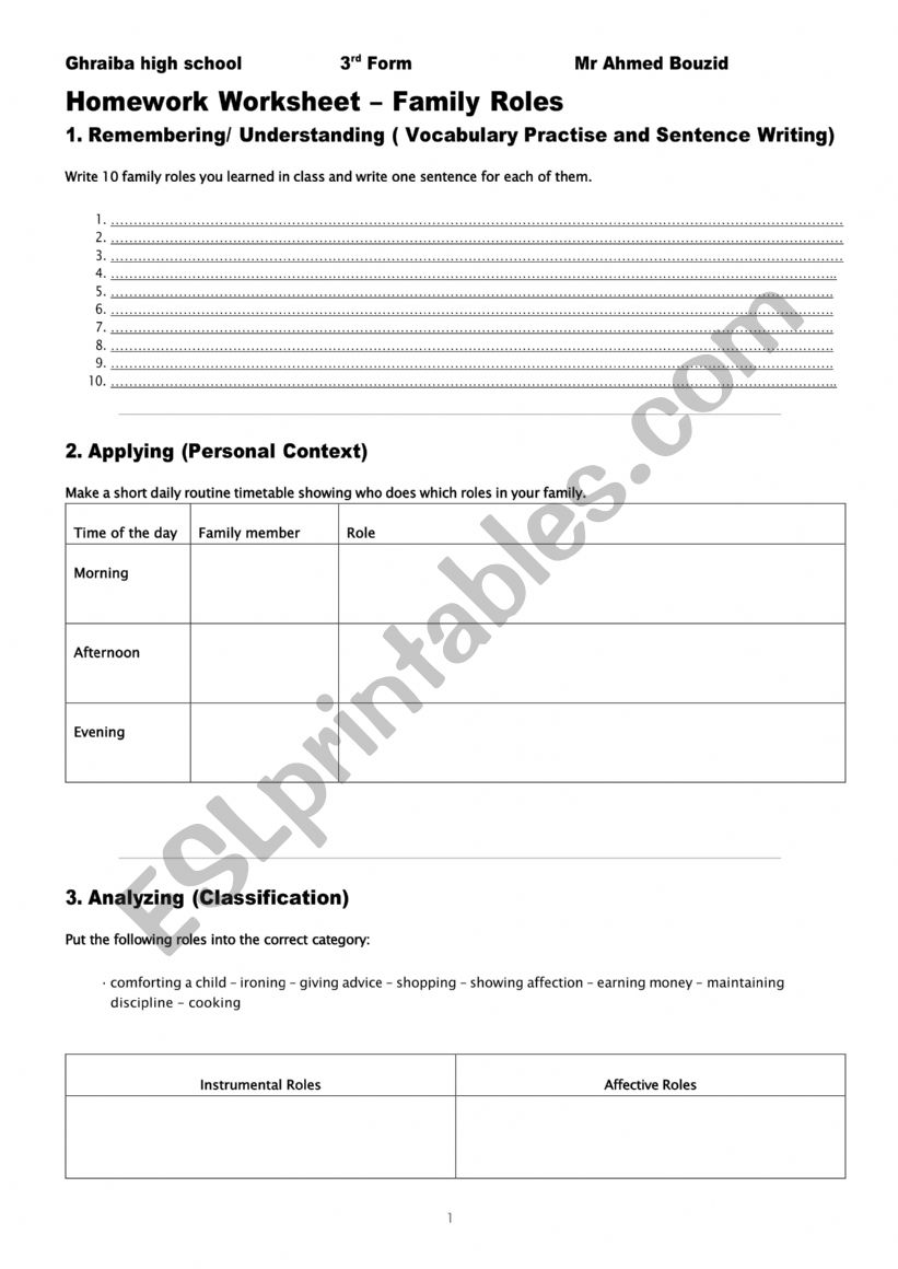 Family roles worksheet