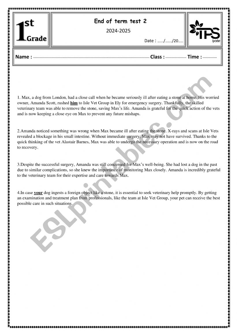 end of term test1 1st form  worksheet