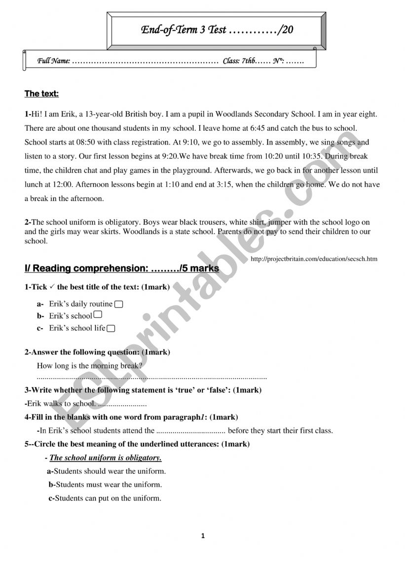 7th form full term3 test  worksheet